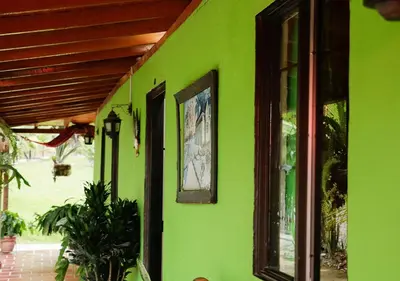 a green wall with a picture on the side of a house at Finca Las Palmas - San Luis in San Luis