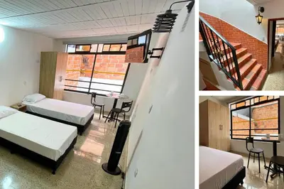 three pictures of a room with two beds and a staircase at Edificio Casa Anita in Medellín