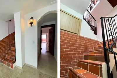 two photos of a brick staircase in a house at Edificio Casa Anita in Medellín