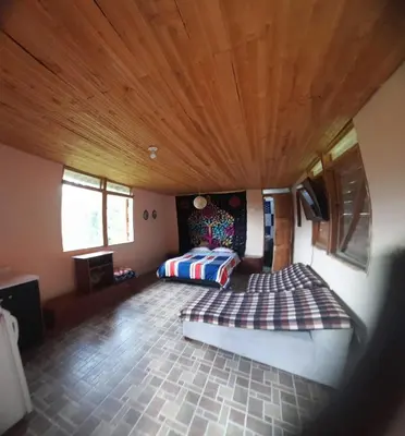 a bedroom with a bed and a wooden ceiling at La Rana Azul - Hospedaje rural in Manizales
