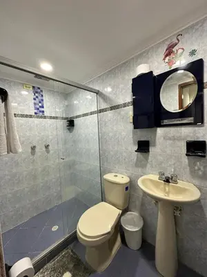 a bathroom with a toilet and a sink and a shower at Casa espaciosa cerca al estadio in Medellín