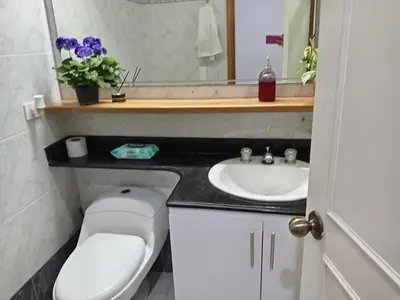 a bathroom with a toilet and a sink at Apartahabitacion Laureles in Medellín