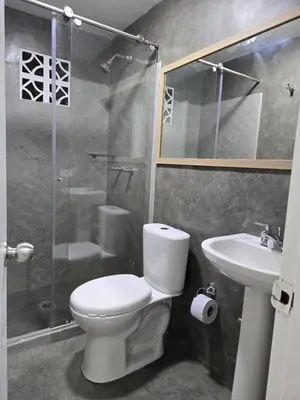 a bathroom with a toilet and a shower and a sink at Laureles70 in Medellín