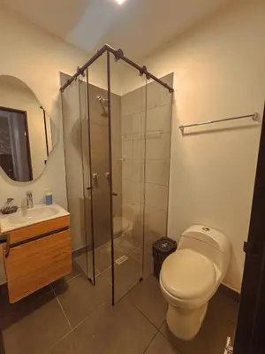 a bathroom with a shower and a toilet and a sink at Apartaestudios Zeni in Medellín