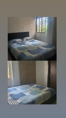two pictures of a bed in a room at Habitación en conjunto in Medellín