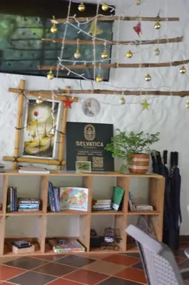 a room with a book shelf and a christmas tree at Selvática Ecohotel y Centro Holístico in San Carlos