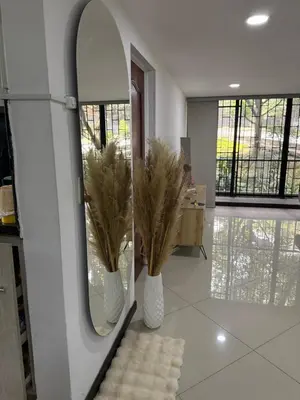 a hallway with a mirror and two vases with plants at Pilar house in Medellín