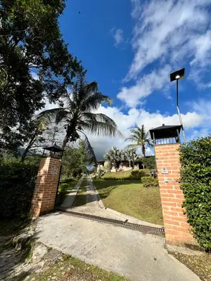 a brick gate with a palm tree in a park at Playa Primavera in San Carlos