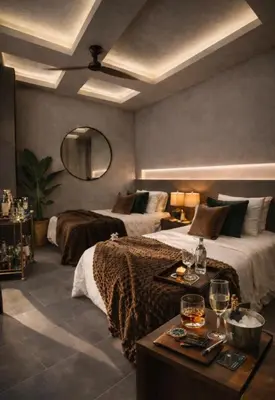 a bedroom with two beds and a table with wine glasses at CEMNTUS VILLA , Rooftop Jacuzzi, 9BR, VIP Service in Medellín