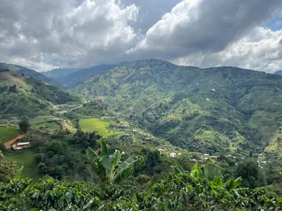 a view of a mountain valley with trees and houses at Kamalú Glamping in Medellín