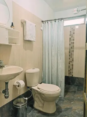 a bathroom with a toilet and a sink and a shower at Casa Madreselva in Jardin