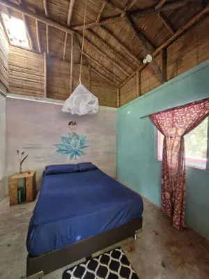 a bedroom with a blue bed and a window at Refugio salvaje in San Rafael