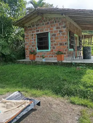 a brick house with plants in front of it at La Luna cabin in Amagá