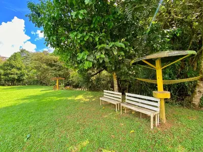 a bench sitting in the grass under a tree at Casa del Río San Rafael in San Rafael