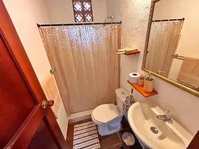 a bathroom with a shower and a toilet and a sink at Casa del Río San Rafael in San Rafael