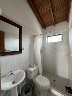 a bathroom with a white toilet and a sink at Spacious Cabin with Garden and Lake Access, Guatapé in Guatapé