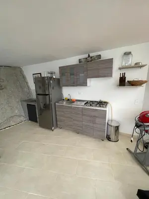 a kitchen with a stainless steel refrigerator in a room at Finca la cruz, frente al embalse in Chiquinquirá