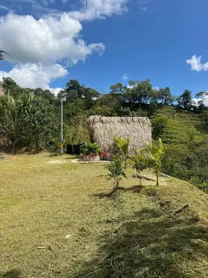 a small hut with a straw roof on a hill at Green view glamping cabin with unlimited Jacuzzi in Cocorná