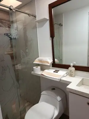 a bathroom with a toilet and a shower and a mirror at Refugio Sereno en Itagüí in Itagüí