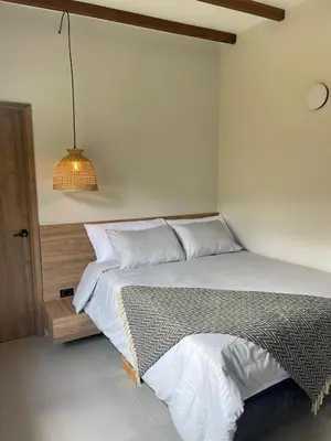 a bedroom with a bed and a pendant light at Santa Elena casa pino in Medellín