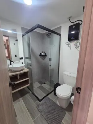 a bathroom with a shower and a toilet and a sink at Beautiful Laureles Studio Apartment in Medellín