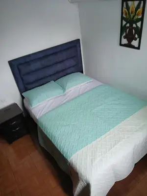 a bedroom with a large bed with a blue headboard at Casa grande con terraza in Manizales