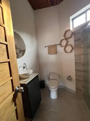 a bathroom with a toilet and a sink and a shower at Casa Finca en Guatapé in Guatapé