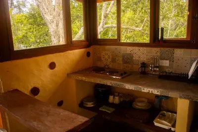 a small kitchen with two windows and a counter at Pure San Carlos Nature Reserve Bio Cabin