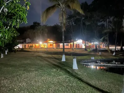 a building with a palm tree next to a body of water at Finca El Saladero in Ebéjico