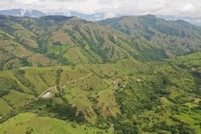 an aerial view of a mountain valley with trees at Finca El Saladero in Ebéjico