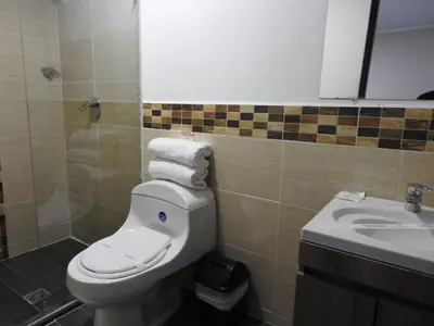 a bathroom with a toilet and a sink at Mediterraneo Express in Medellín