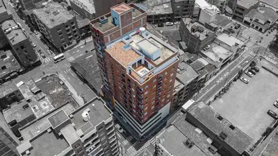 an overhead view of a tall building in a city at 801-Acogedor Apto 2BR Parque Sabaneta in Sabaneta