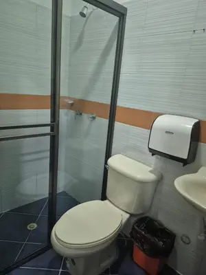 a bathroom with a toilet and a shower and a sink at hotel universo plaza in Medellín