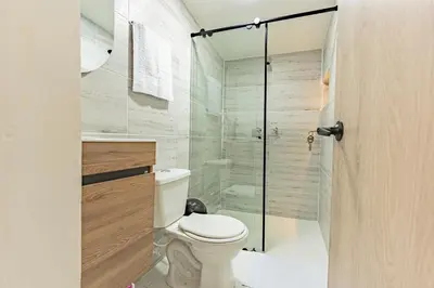 a bathroom with a toilet and a shower at Fountain Loft 72 in Medellín