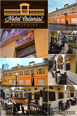 a collage of pictures of a restaurant with tables and buildings at Hotel Colonial Manizales in Manizales