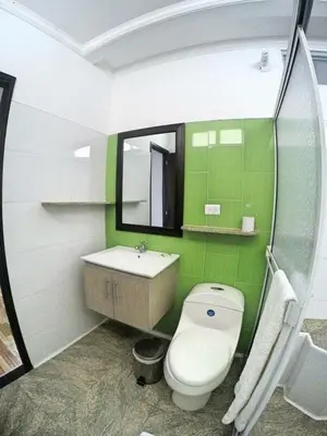 a green and white bathroom with a toilet and a sink at Monteverde Hotel in La Dorada