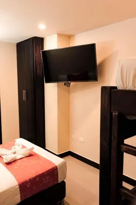 a room with a bed and a flat screen tv at Hotel Plaza Garibaldi in Caldas