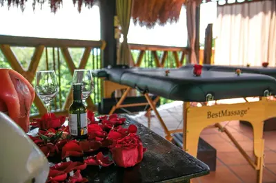 a table with red roses and a bottle of wine at Hosteria Tonusco Campestre in Santa Fe de Antioquia