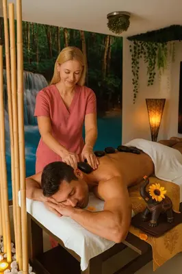 a woman getting a mans back massage in a bed at Hotel Jade Spa in Santa Rosa de Cabal