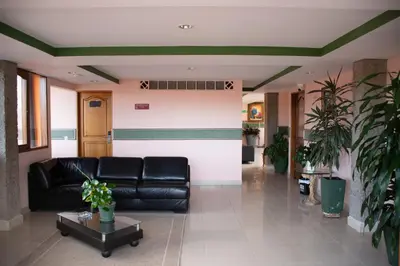 a living room with a black leather couch and plants at Hotel Santamaria INN in La Ceja