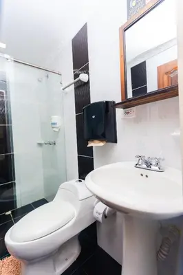 a bathroom with a sink and a toilet and a mirror at Hotel Verony Guatape in Guatapé