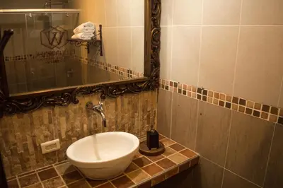a bathroom with a sink and a mirror at Hotel El Virrey Boutique Honda in Honda