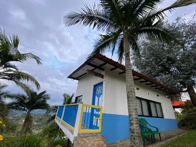a small house with a blue door and a palm tree at Cabañas y Flores in Jericó