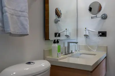 a bathroom with a toilet and a sink and a mirror at Terra Biohotel in Medellín
