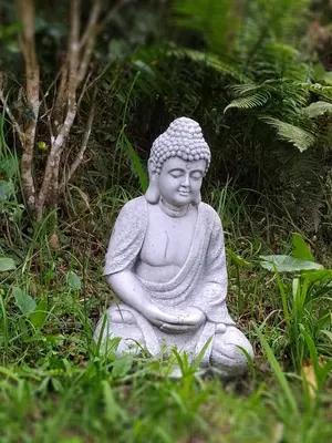 a statue of a buddha sitting in the grass at Refugio en las Nubes in Santa Elena