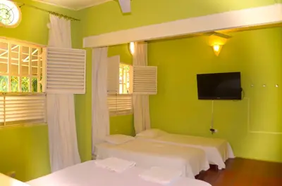 a green room with two beds and a flat screen tv at Casamarilla in Mariquita