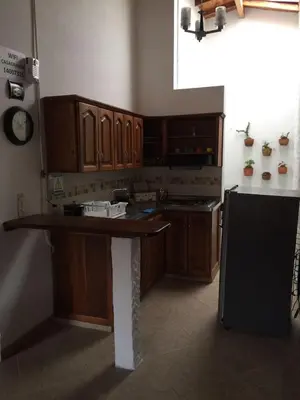 a kitchen with wooden cabinets and a large counter top at Fami Hotel Vive Jardin in Jardin