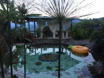 a garden with a pool with aiki at Monte Mágico in Támesis