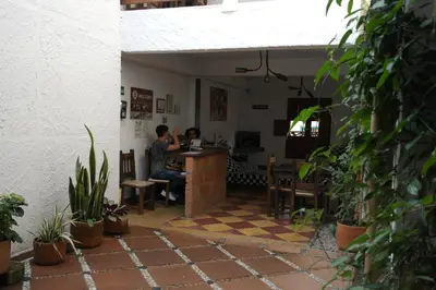 two people sitting at a table in a room with plants at Sergeant Pepper's Hostel in Jardin