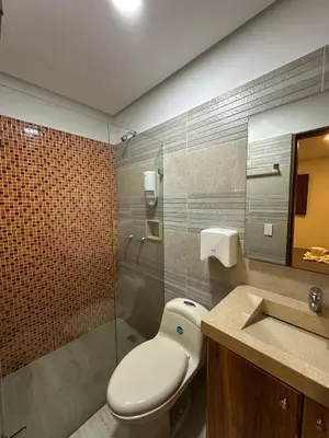 a bathroom with a toilet and a shower and a sink at Hotel Bahia Guatape in Guatapé